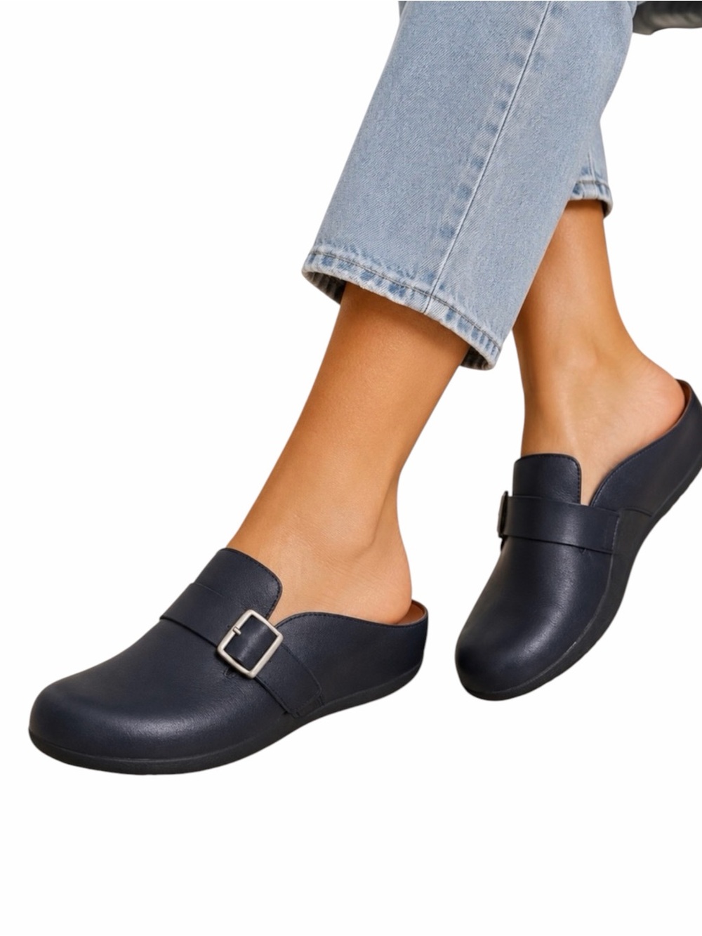 FitFlop Navy Leather Mule Clogs with Buckle - Size 6